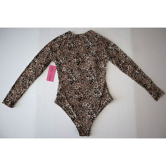 Betsey Johnson Women's Sz M Leopard Print L/S Scuba Zip-Up 1-Piece Swimsuit - Picture 2 of 10